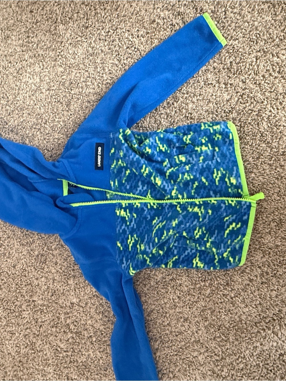 Lands' End Blue Hooded Kids Rashguard with Neon Green Trim